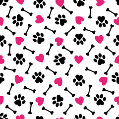 Cute dog paw, hearts and dog bone pattern - funny vector drawing seamless pattern. Lettering poster or t-shirt textile graphic design. Cute illustration. wallpaper, wrapping paper.