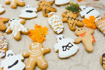 Funny delicious ginger biscuits for Halloween on the table. horizontal view from above