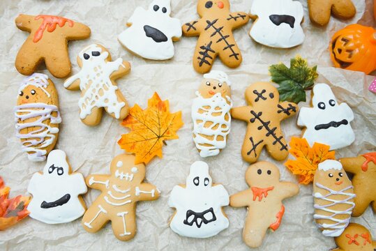 Funny Delicious Ginger Biscuits For Halloween On The Table. Horizontal View From Above