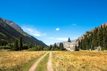 Mountain gorge landscape with cloudy blue sky. Summer nature landscape. Kora river gorge in Kazakhstan, way to Burkhan bulak waterfall. Tourism in Kazakhstan concept.