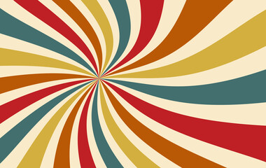 retro groovy sunburst background pattern in 60s hippy style grunge textured vintage color palette of yellow blue orange red beige and brown in spiral or swirled radial striped starburst vector design