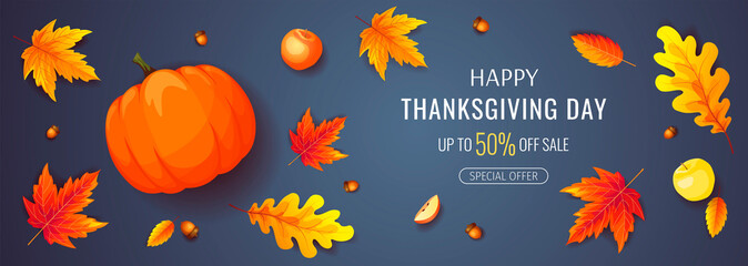 Obraz na płótnie Canvas Happy Thanksgiving Day promo sale banner or background with pumpkin, autumn leaves, apples. Vector illustration for poster, banner, special offer.