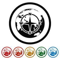 Compass on Earth Ring Icon, color set