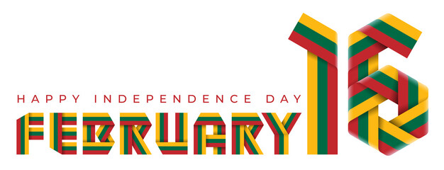 February 16, Lithuania Independence Day congratulatory design with Lithuanian flag colors. - obrazy, fototapety, plakaty
