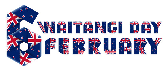 February 6, Waitangi Day congratulatory design with flag of New Zealand elements.