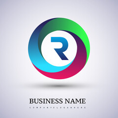 Letter R logo with colorful splash background, letter combination logo design for creative industry, web, business and company.