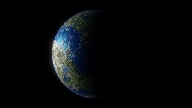 Animated full rotation cycle of exoplanet with oceans and continents and mountains while light pass around globe illuminating planet from sunset to sunrise and day.