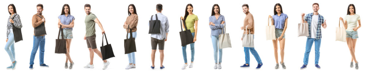 Set of people holding blank bags on white background