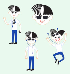 The young man is wearing a white T-shirt and blue jeans. Characters with different emotions