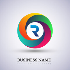 Letter R logo with colorful splash background, letter combination logo design for creative industry, web, business and company.