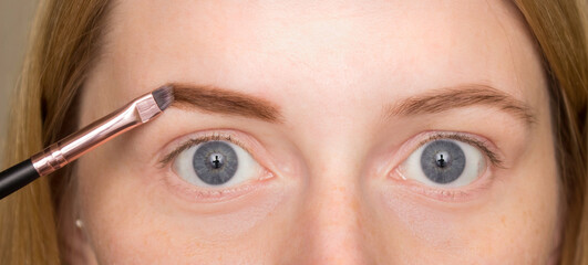 Part of a woman's face, eyebrow coloring with a brush and paint, eyebrow correction. Face care, makeup.