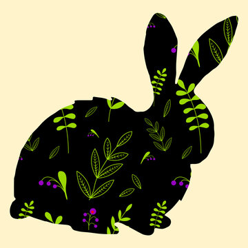 recommend clip art: Easter bunny with floral pattern. A silhouette of a hare on a light background. Leaves and berries on a black background