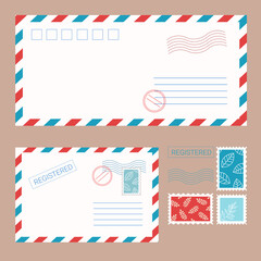 Envelope set. Isolated envelopes with stamps and seals in flat style. Vector stock illustration.