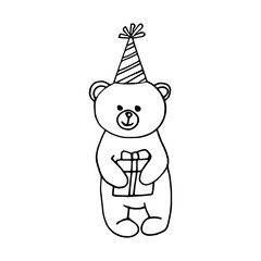 bear in party hat with gift in paws sketch icon, sticker, card, poster hand drawn vector doodle, scandinavian, minimalism, monochrome. single element design. holiday, christmas, birthday, cute animal