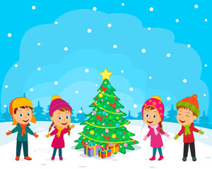 kids, boys and girls and cristmas tree, illustration,vector