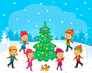 kids, boys and girls play in winter, illustration, vector
