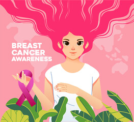 breast cancer awareness campaign poster with women holding pink ribbon and plant element and pink background
