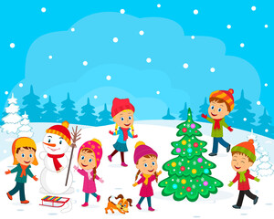 Fototapeta premium kids, boys and girls play in winter, illustration, vector