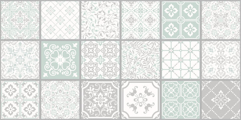 Collection of 18 ceramic tiles in turkish style. Seamless colorful patchwork from Azulejo tiles. Portuguese and Spain decor. Islam, Arabic, Indian, Ottoman motif. Vector Hand drawn background - 382980141