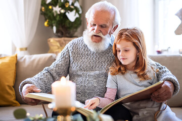Small girl with senior grandfather indoors at home at Christmas, looking at photographs.