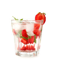 Glass of tasty strawberry cocktail mojito on white background