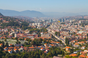Panoramic view of the city of Sarajevo from the top of the hill. Bosnia and Herzegovina