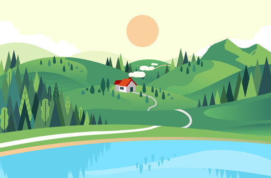 vector illustration in flat style of house in the hill with lake and forest near. beautiful landscape illustration