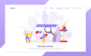 Calendar planning schedule business concept vector illustration. Tiny people with magnifier glass, big hourglass do working plan on day calendar and checks dates. Time management deadline web template