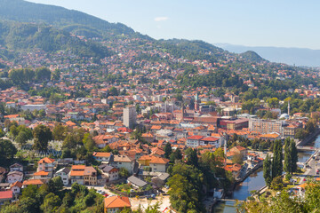 Naklejka na ściany i meble Panoramic view of the city of Sarajevo from the top of the hill. Bosnia and Herzegovina