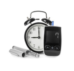 Glucometer, alarm clock and syringe on white background. Diabetes concept