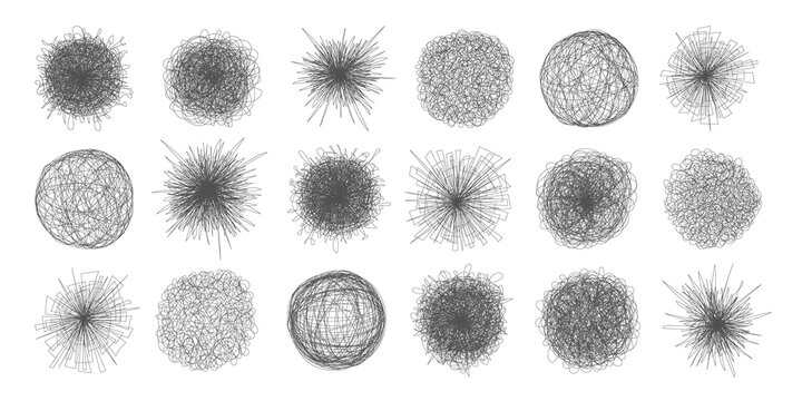 Tangled chaos abstract hand drawn messy scribble ball vector illustration set. Random chaotic dynamic scrawl lines collection. Wild emotion irregular patterns isolated on white background.
