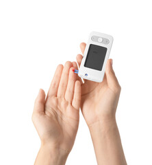 Female hands with glucometer on white background. Diabetes concept