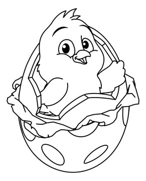 An Easter chick breaking out of an egg coloring book black and white outline cartoon