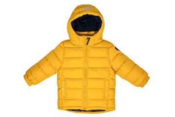 Obraz na płótnie Canvas Down jacket for children. Stylish, yellow, warm winter jacket for children with removable hood, isolated on a white background. Winter fashion.