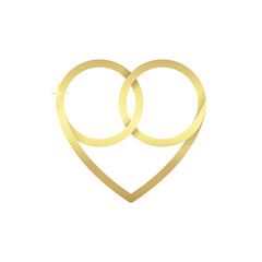 Two gold intertwined rings forming a heart. Wedding vector illustration isolated on white background.