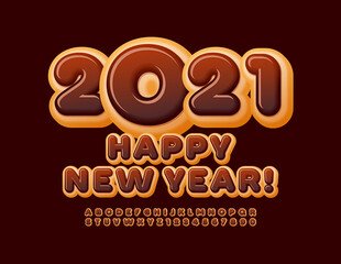 Vector sweet greeting card Happy New Year 2021! Chocolate cake Font. Donut Alphabet Letters and Numbers set