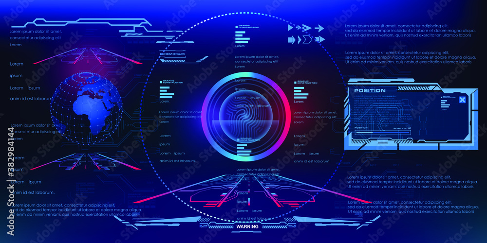 Fototapete Holographic 3D space. Visualization of a holographic digital panel with HUD, GUI, UI elements. High tech user interface for video games with touch function. Conceptual innovative interface. Vector