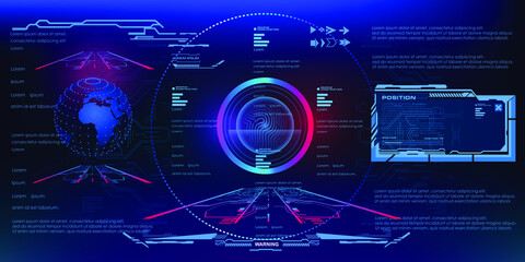 Holographic 3D space. Visualization of a holographic digital panel with HUD, GUI, UI elements. High tech user interface for video games with touch function. Conceptual innovative interface. Vector