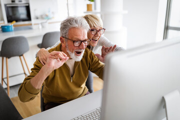 Senior couple doing video chat with grandchildren using computer
