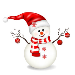 Snowman with red hat and scarf, isolated on white.