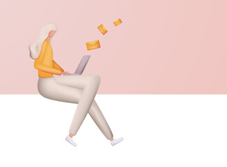 Cute 3d woman send mails, chatting. Business woman vector illustration. Working process, new email message, mail notification.