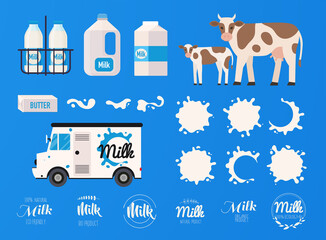 Milk concept. Set of milk bottles, splashes, logos. Natural dairy products.