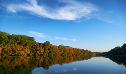 bright colorful autumn forest landscape, trees near river and blue sky