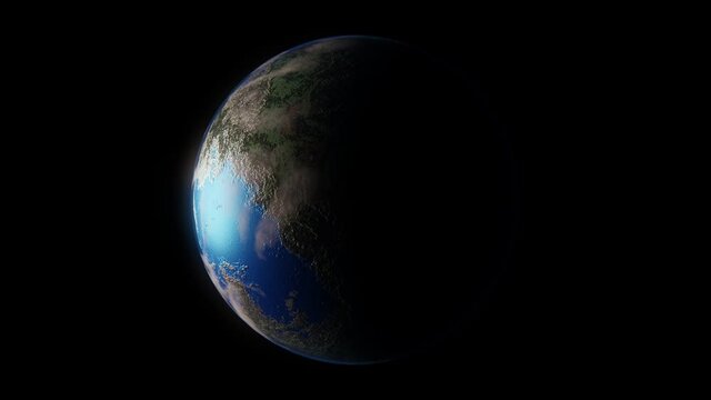 Animated full rotation cycle of exoplanet or planet like Earth with oceans and continents and atmosphere with clouds. Rocky shore and land around water body, green foliage on inner main lands. Light p
