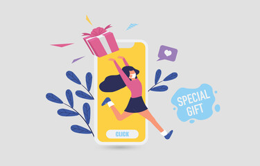 Sale promotion with text special gift and happy girl on mobile phone design for banner sale with lovely women running go to shopping in abstract background.and colorful shirt. Vector illustration.
