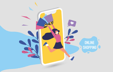 Sale promotion with text online shopping and happy girl on mobile phone design for banner sale with lovely women running go to shopping in abstract background.and colorful shirt. Vector illustration.
