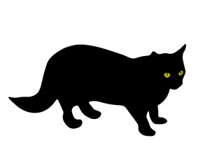 Black cat with glowing green eyes isolated on white background, vector eps 10