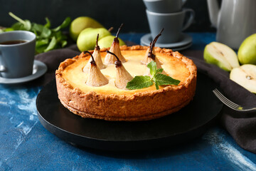 Tasty pear cake on table