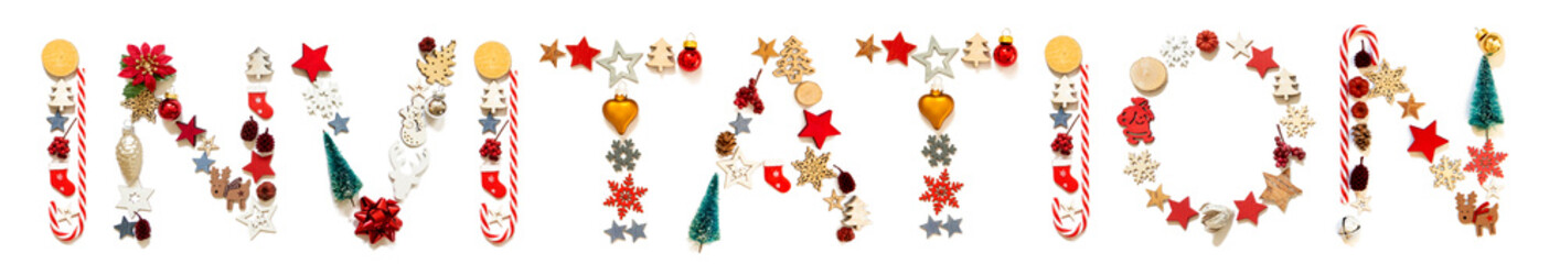 Colorful Christmas Decoration Letter Building English Word Invitation. Festive Ornament Like Christmas Tree, Star And Ball. White Isolated Background