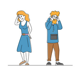 Couple Male and Female Characters Feeling Head Ache, Man and Woman with Strong Pain. Health Problem, Disease Symptoms